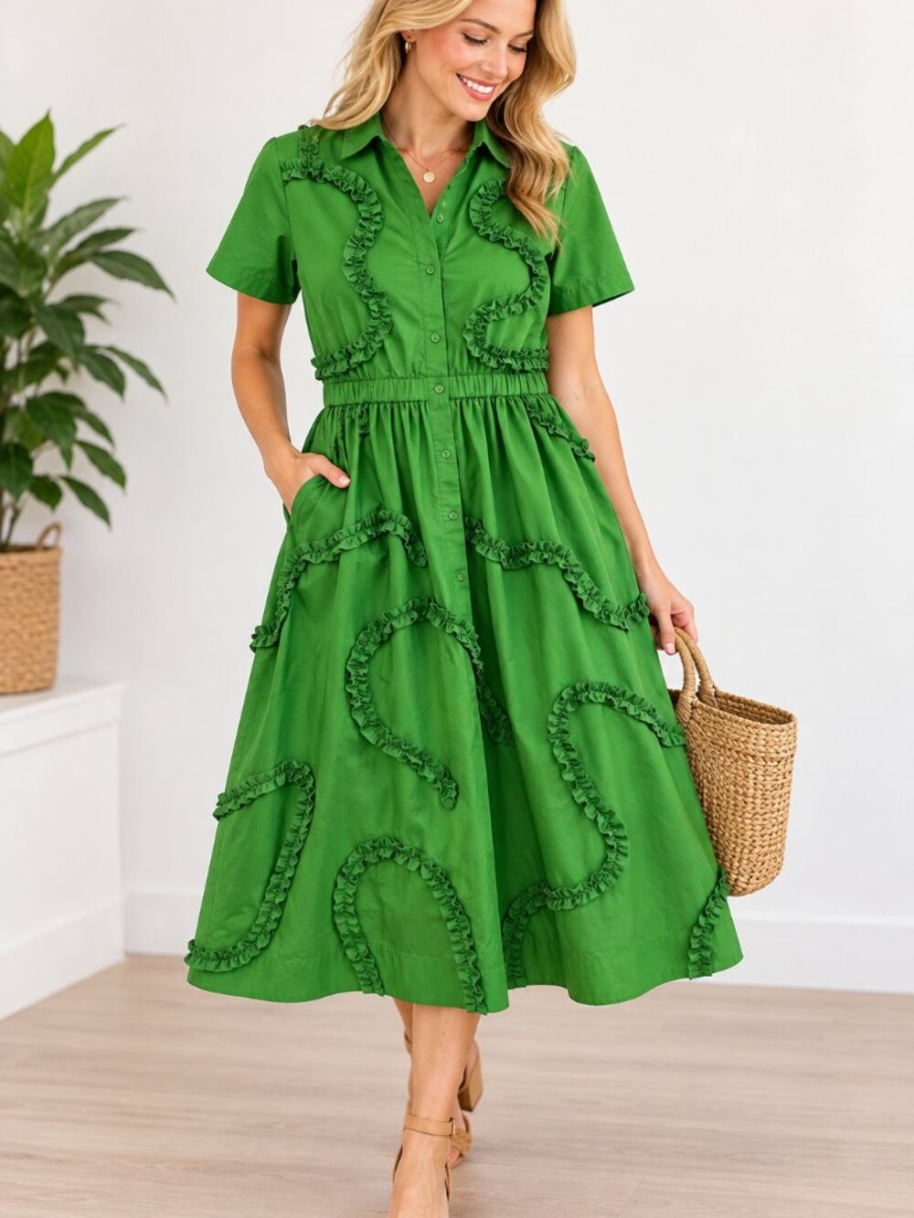 Kate Spade x Target Green Ruffle Trim Midi Shirt Dress Medium Cotton Stretch